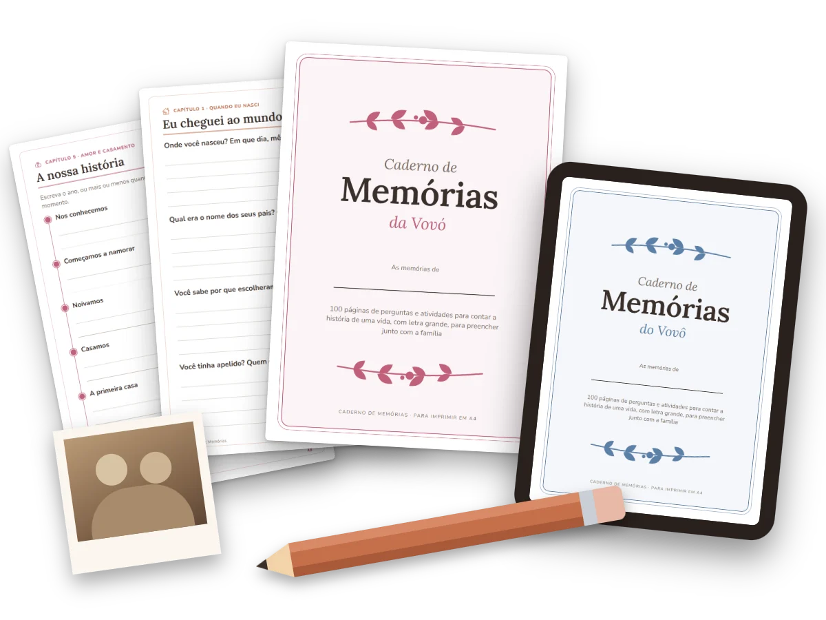 Caderno de Memórias impresso, nas versões da vovó e do vovô, com páginas de perguntas e linha do tempo